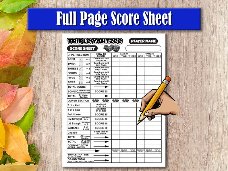 Triple Yahtzee Score Sheet – Printable Large Score Card Pad - Instant Digital Download - Etsy