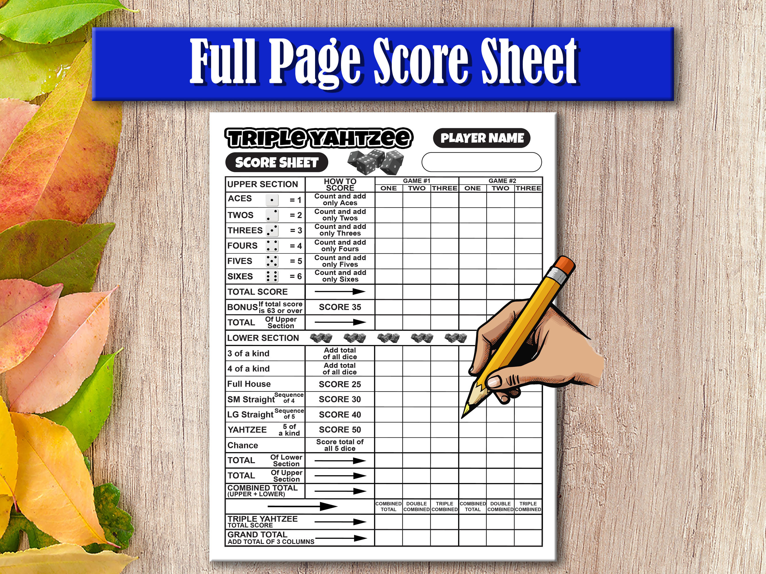 Triple Yahtzee Score Sheet Printable Large Score Card Pad Instant