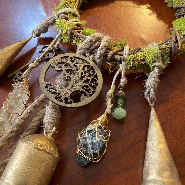 Rustic Handmade Witch Bells for Protection w/Sage, Black Tourmaline, Quartz, and Tree of Life