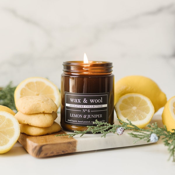 No. 6 Lemon & Juniper - 9oz Amber Jar Pure Soy Wax Candle with Lid