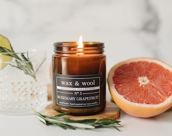 No.5 - Rosemary Grapefruit - 9oz Amber Jar Pure Soy Wax Candle with Lid