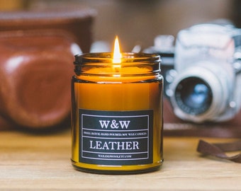 Leather - 9oz Pure Soy Wax Candle in Glass Jar with Lid