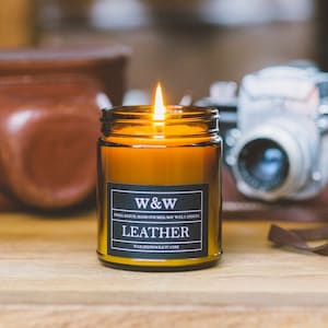 Leather - 9oz Amber Jar Pure Soy Wax Candle with Lid