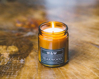 Teakwood - 9oz Amber Jar Pure Soy Wax Candle with Lid