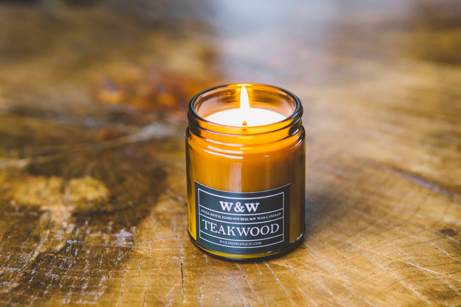 Teakwood and Tobacco Scented Beeswax Candles in Amber Glass, Fall
