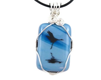 Bird Necklace / Flying Crane/Heron / Fused Glass Pendant / Nature  / Handmade / Made in Canada / Glass Jewelry / Bird / wire wrapped pendant