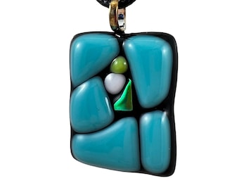 MOSAIC STYLE Fused Glass Pendant/Handmade Jewelry Made in Canada. Teal Blue, accents of White, Green and Teal dichroic/Unique Gift