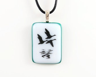 Bird Necklace / Geese flying / Fused Glass Pendant / Nature / Unique gift / Handmade / Made in Canada / Glass Jewelry / Bird Lover