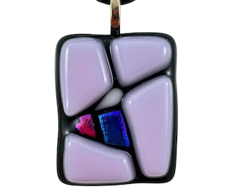 MOSAIC STYLE Fused Glass Pendant/Handmade Jewelry Made in Canada. Lilac, black/Blue and red dichroic/Unique Gift