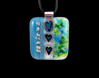 Fused Glass Pendant with hearts. A Truly Unique gift for women that is one of a kind. Handmade Jewelry Made in Canada. Gift for her. Blue
