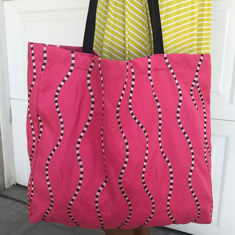 Pink w Black Tote Bag Large Travel Tote Spacious Overnight Bag Weekend Bag Shopping Bag Handbags for Women Reusable Grocery