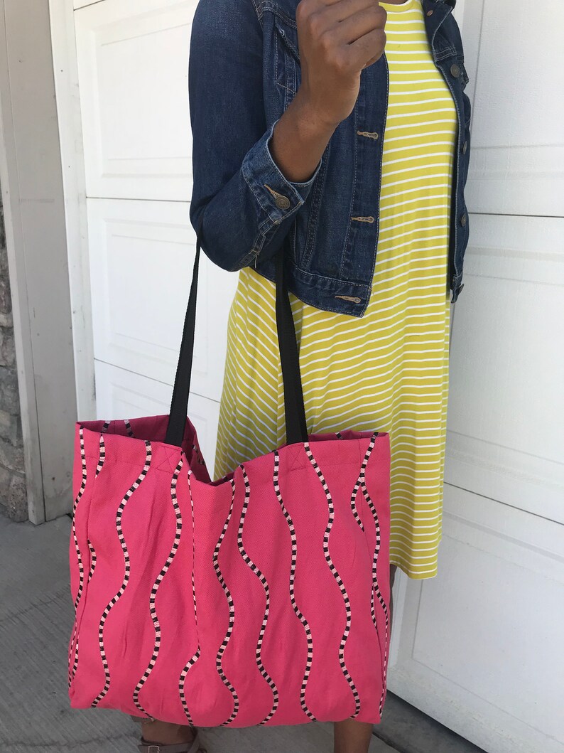 Pink w Black Tote Bag Large Travel Tote Spacious Overnight Bag Weekend Bag Shopping Bag Handbags for Women Reusable Grocery