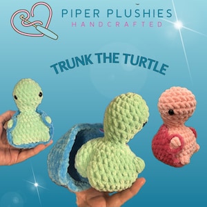 May include: A green crocheted turtle plush toy with a blue crocheted shell. The turtle is sitting on a hand. The text "TRUNK THE TURTLE" is visible in the image.