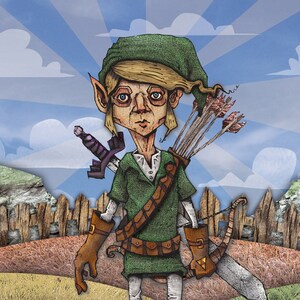 K&ouml;nnte beinhalten: Eine stilisierte Illustration einer Figur, die eine gr&uuml;ne Tunika, eine passende spitze M&uuml;tze, braune Handschuhe und braune Stiefel tr&auml;gt. Die Figur tr&auml;gt ein Schwert auf dem R&uuml;cken, einen K&ouml;cher mit Pfeilen und einen Bogen. Hintergrund mit Holzzaun.