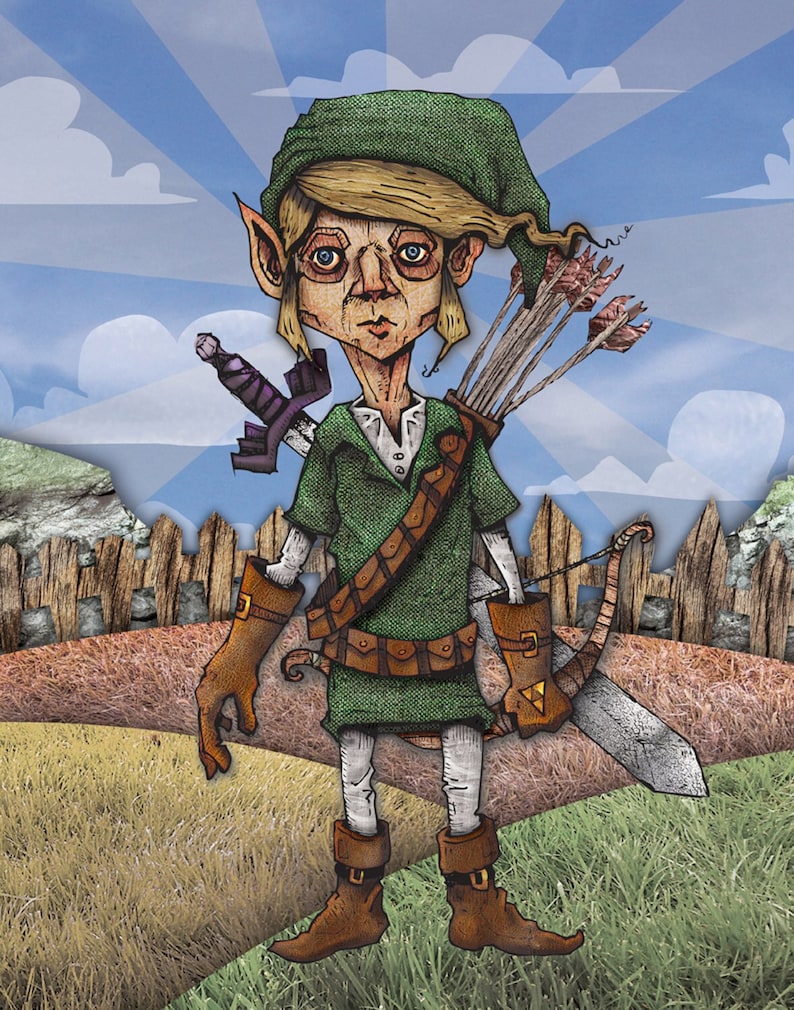 K&ouml;nnte beinhalten: Eine stilisierte Illustration einer Figur, die eine gr&uuml;ne Tunika, eine passende spitze M&uuml;tze, braune Handschuhe und braune Stiefel tr&auml;gt. Die Figur tr&auml;gt ein Schwert auf dem R&uuml;cken, einen K&ouml;cher mit Pfeilen und einen Bogen. Hintergrund mit Holzzaun.