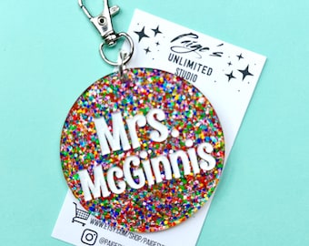 LARGE Custom Teacher Bag Charm, Back to School Large Keychain, Teacher Gift, Glitter Acrylic, Teacher Bag Accessories, Gift for Her,Confetti