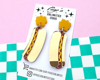 Tiny Hot Dog Earring, Handmade Acrylic Jewelry, Quirky Summer Cookout Food Earrings, Glitter Fast Food Earrings, Kawaii Nostalgic Jewelry