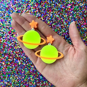Neon Planet Earrings, Outer Space, Fluorescent Teacher Acrylic Earrings, Back to School, Astronomy, Quirky Acrylic Jewelry, Kawaii