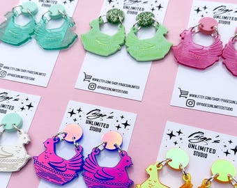 Pendientes colgantes de gallina anidada de cristal, joyería estilo pollo de cocina campestre, joyería vintage de estilo cottagecore de abuela, estilo sureño