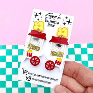 Popcorn Trolley Cart Earrings, Handmade Acrylic Jewelry, Quirky Movie Theater Food Earrings, Glitter Fair Food Earrings, Carnival, Kawaii