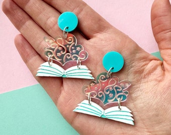 Power of Imagination Book Earrings, Teacher Earrings, Reading, Library, Storybook, Acrylic Statement Earrings, Holographic, Elementary