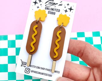 Lil Corn Dog Earrings, Handmade Acrylic Jewelry, Quirky Summer Cookout Food Earrings, Glitter Fast Food Earrings, Kawaii Nostalgic Jewelry