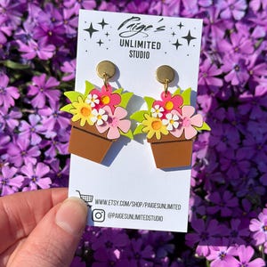 Tiny Flower Pot Acrylic Earrings, Handmade Gardening Floral Earrings, Mothers Day, Gift for Her