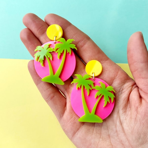 Neon Retro Palm Tree Earrings, Summer Acrylic Statement Earrings, Vaporwave, 80s 90s Nostalgic Earrings, Sunset Beach