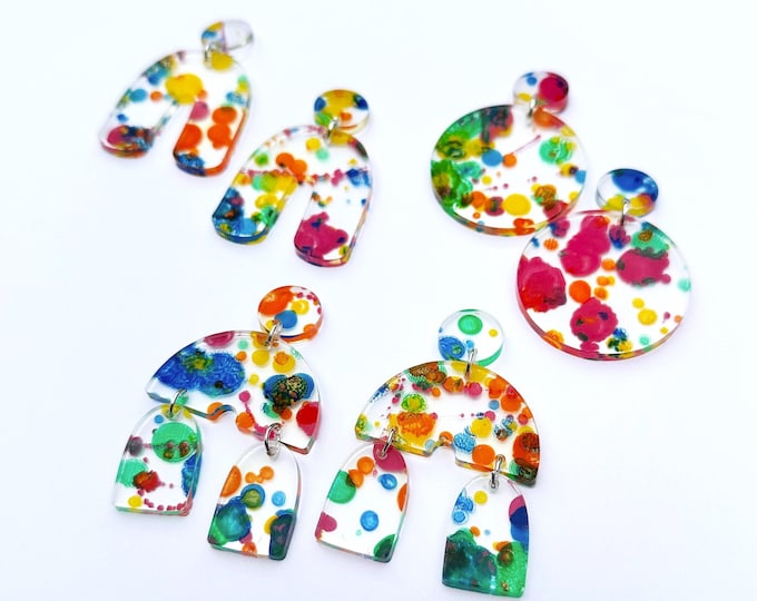 90's Clear Paint Splatter Earrings, Rainbow Art Teacher Earrings, Artist, Painter Colorful Acrylic Earring, School , Pastel, Elementary