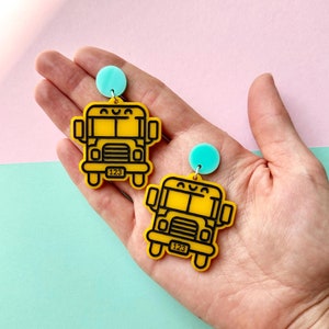 Happy Little School Bus Earrings, Teacher Earrings, Back to School, Bus Driver, Acrylic Statement Earrings, Elementary Education, Magic,