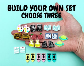 Build Your Own Set, 3 Pair Teacher Stud Earrings, Rainbow Teacher Earrings, Artist Earrings, Science, Crayon, Acrylic, ELA, Elementary, Bus