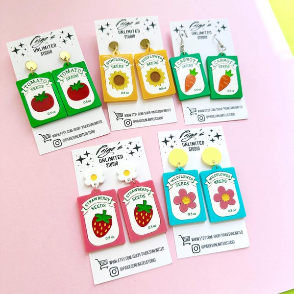 Little Seed Packet Earrings, Funny Gardening Jewelry, Farmers Market, Spring Tomato