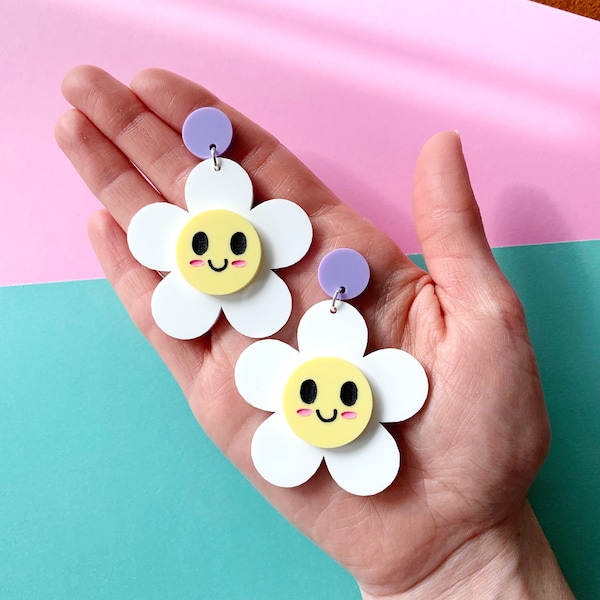 The Happy Daisy Earrings, Danish Pastel, Cute Spring Acrylic Earrings, Art Teacher Earrings, Jewelry, Kawaii Flower Child Cottagecore