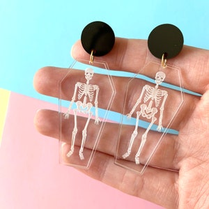 Skeleton Boi Earrings, Coffin Earrings, Acrylic Laser Cut Earrings, Halloween Earrings, Black, Statement Earring, Goth Earrings, Pastel Goth