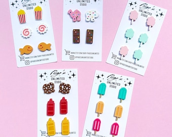 Single Pair of Food Stud Earrings, Handmade Acrylic Jewelry, Quirky Food Earrings, Sweets Earrings, Fast Food, Y2K Nostalgic, Snacks