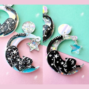 Cosmic Kitty Earrings, Moon and Kitty Earrings, Celestial Acrylic Glitter Earrings, Cat Mom, Gift for Her, Kitten
