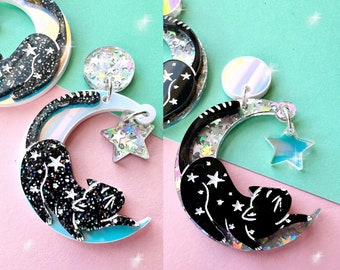 Cosmic Kitty Earrings, Moon and Kitty Earrings, Celestial Acrylic Glitter Earrings, Cat Mom, Gift for Her, Kitten