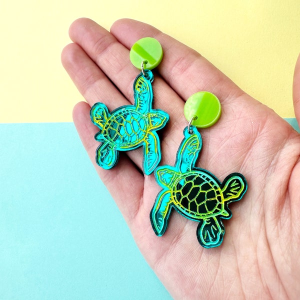 Baby Sea Turtle Earrings, Mirrored Teal Acrylic Statement Earrings, Beach Vacation, Beachy Mermaid, Coastal