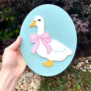 Gans met lint kunst aan de muur, landhuis, Cottagecore Art, jaren 90 retro ganzen, lasergesneden bord, pastel interieur, decor kinderkamer, cadeau voor haar