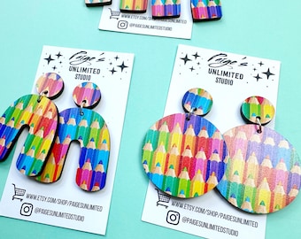 Colored Pencil Pattern Earrings, Handmade Teacher Earrings, Gift for Her, Back to School, Elementary School Supplies, English Art Drawing
