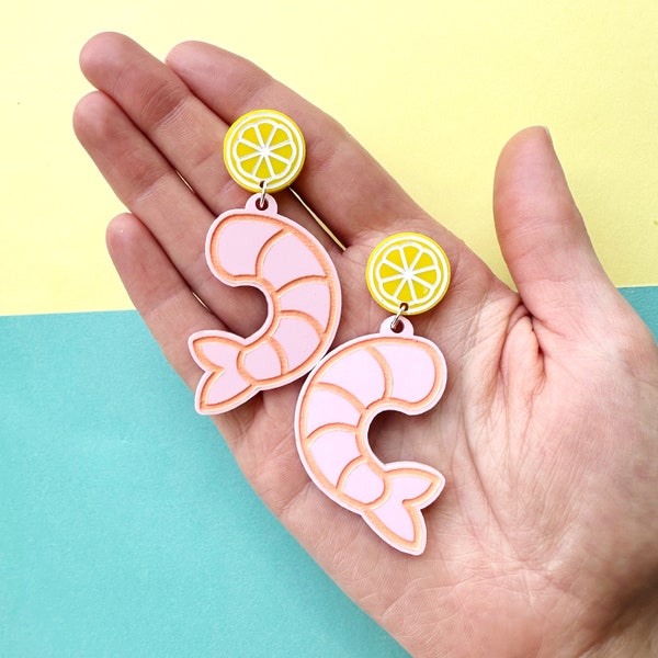 Summer Shrimp Acrylic Earrings, Seafood Boil Earrings, Chef, Quirky Kitschy Food Earrings, Southern Summer Vacation, Louisiana, Lemon