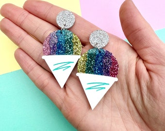 Rainbow Snow Cone Earrings, Raspa, Shaved Ice, Cute Food Statement Acrylic Earrings, Frozen Ice Cream Jewelry, Gift for Her,