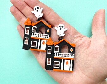 LIMITED Spooky Dollhouse Earrings, Halloween Haunted House Statement Earrings, Spooky Season Acrylic Jewelry, October, Witch, Gothic Cute,