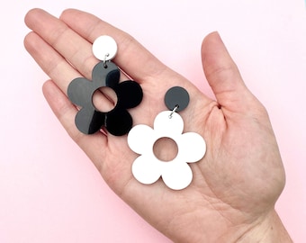 Mismatch Retro Daisy Earrings, Mod Black and White 60’s Acrylic  Earrings, Kitschy Jewelry, Gift for Her, Teacher