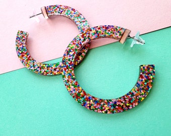 Confetti Glitter Hoop Statement Earrings, Acrylic Rainbow Glitter Earrings, Date Night Party, Girl Power, Everyday lightweight