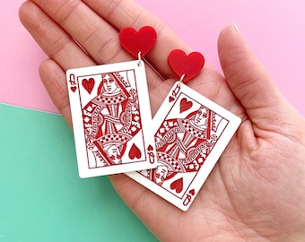 Queen of Hearts Earrings, Classic Playing Card Earrings, Poker Vegas Party, Wonderland, Harley Acrylic Earrings, King, Ace of Hearts