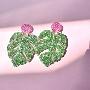 Glitter Monstera Leaf Earrings,  Summer Acrylic Statement Earrings, Plant Lady, Tropical Jungle Leaf Jewelry, Gift for Her