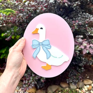 Gans met lint kunst aan de muur, landhuis, Cottagecore Art, jaren 90 retro ganzen, lasergesneden bord, pastel interieur, decor kinderkamer, cadeau voor haar