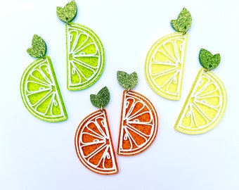 Citrus Slice Jelly Earrings, Colorful Lemon Lime Orange Earrings, Fun Food Jewelry, Gummy Shimmer Dangle, Art Teacher,  90s Kid, Glitter