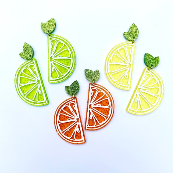 Citrus Slice Jelly Earrings, Colorful Lemon Lime Orange Earrings, Fun Food Jewelry, Gummy Shimmer Dangle, Art Teacher,  90s Kid, Glitter